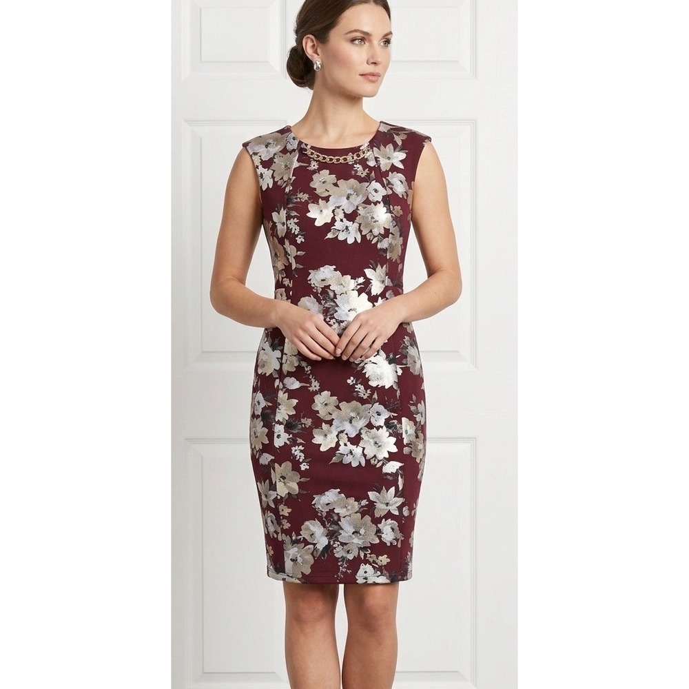 Enfocus Studio Burgundy metallic Floral Dress Scoop Neck sz10 elegant style